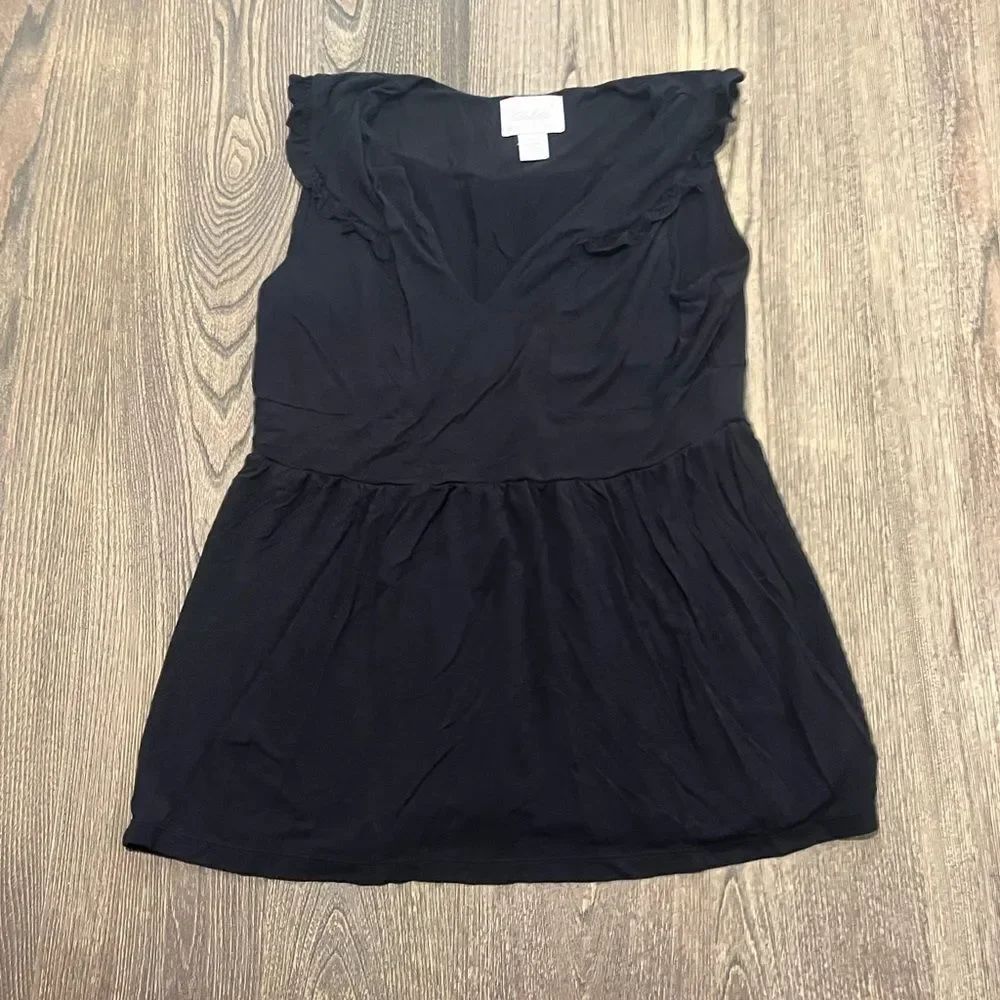 Anthropologie Deletta Top Sleeveless V-Neck Ruffled Collar Pullover Black Size M